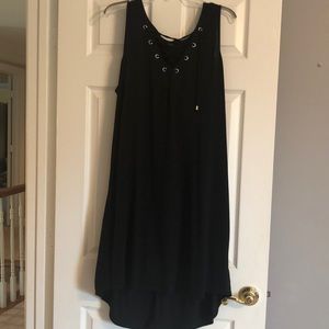 Black lined t-shirt dress with lacing, hi/low hem